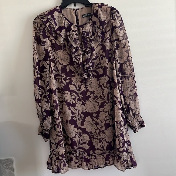 Zara Womens Sz M Purple And Tan Floral Chiffon Ruffle Mini Dress Long Sleeves - Picture 7 of 14